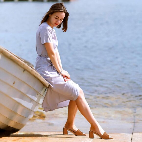 Women's Low Chunky Block Square Open Toe Heeled Sandal Slip on Mules Brown Shoes - Picture 3 of 5